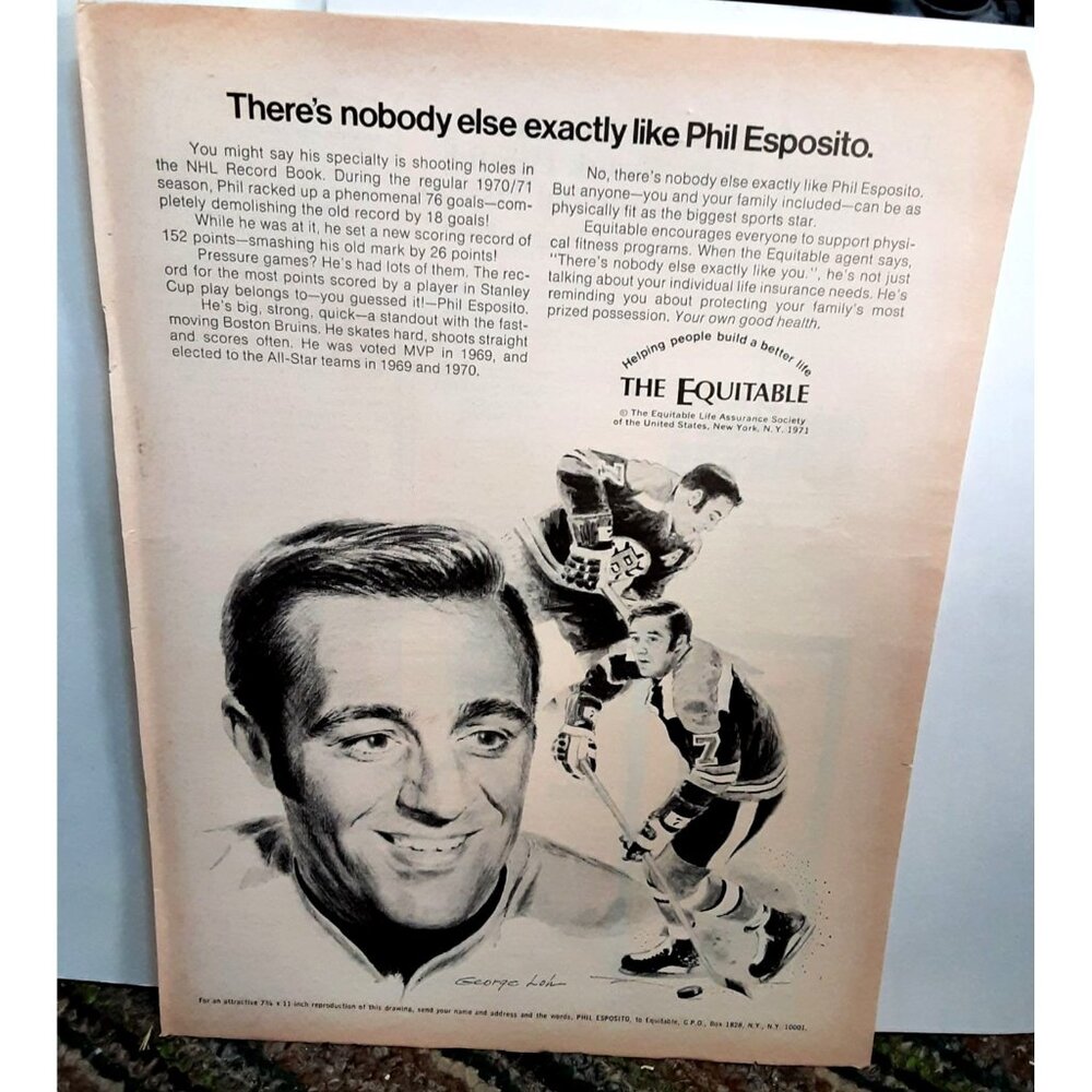 1971 Phil Esposito Boston Bruins The Equitable Original Print Ad